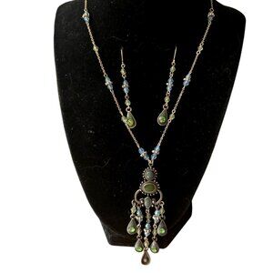 Silvertone Green Crystal Green Enamel Chandelier Necklace Set